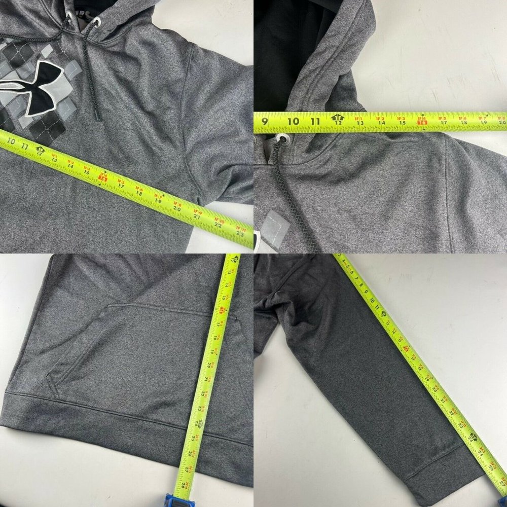 UA Under Armour Hoodie Sweatshirt Pullover Mens Medium Loose Argyle Logo Grey - Picture 9 of 10